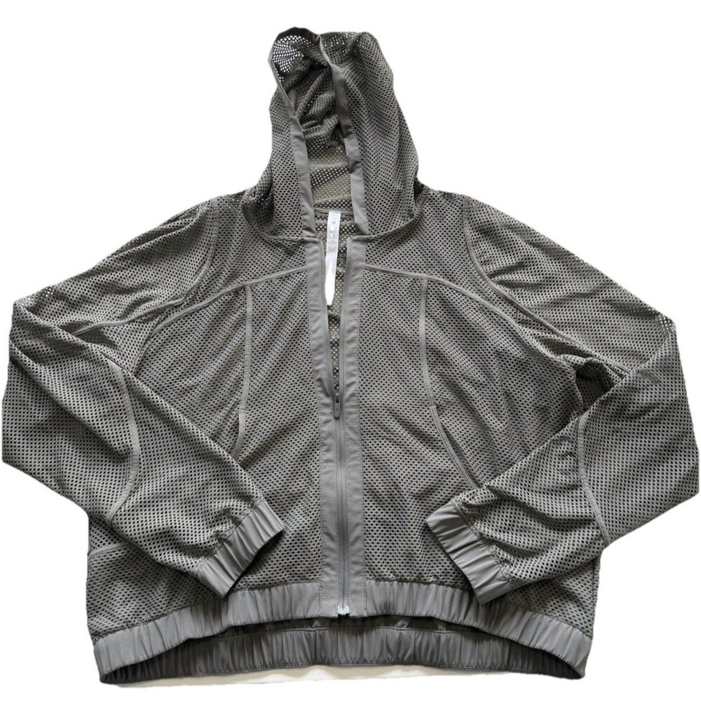LULULEMON Relaxed Fit Mesh Jacket Grey Sage Sz 12 Full Zip Hooded Stretch
